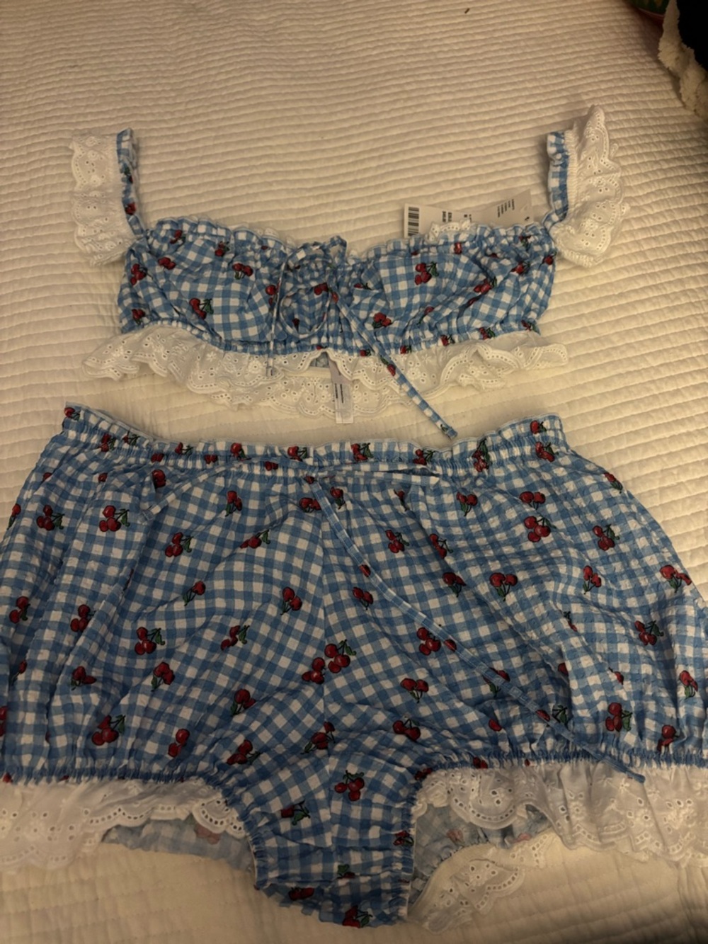 Urban Outfitters Blue Gingham Cherry Lace Pajama Set